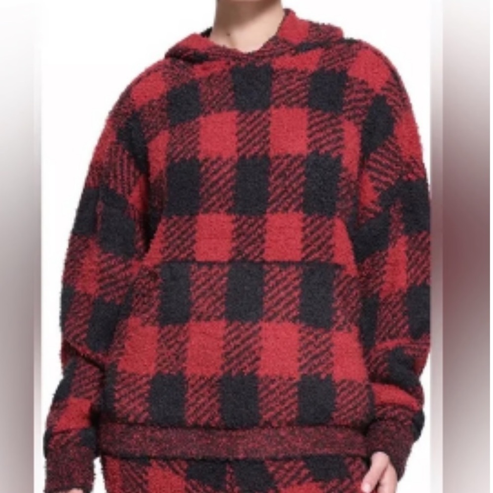 ⬛️🟥SKIMS COZY HOODIE Hooded Sweatshirt BRICK BUFFALO CHECK PLAID SHERPA SIZE S/M
